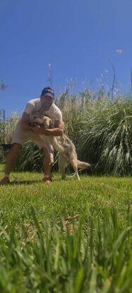 Con el perro de mi hermano en la huerta de mis padres. Situada a metros del piso donde vivo.