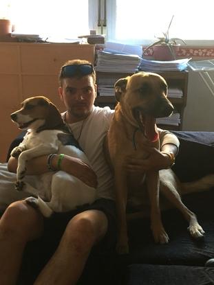 Yo con Niebla, mi beagle de tres años y Mat, un mestizo de año y medio.