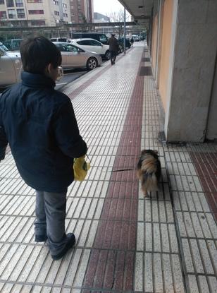 Mi hermano pequeño y yo paseando a Chiqui por el barrio