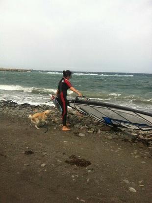 Boliche, el perro de un amigo, también quiere iniciarse en el surf.